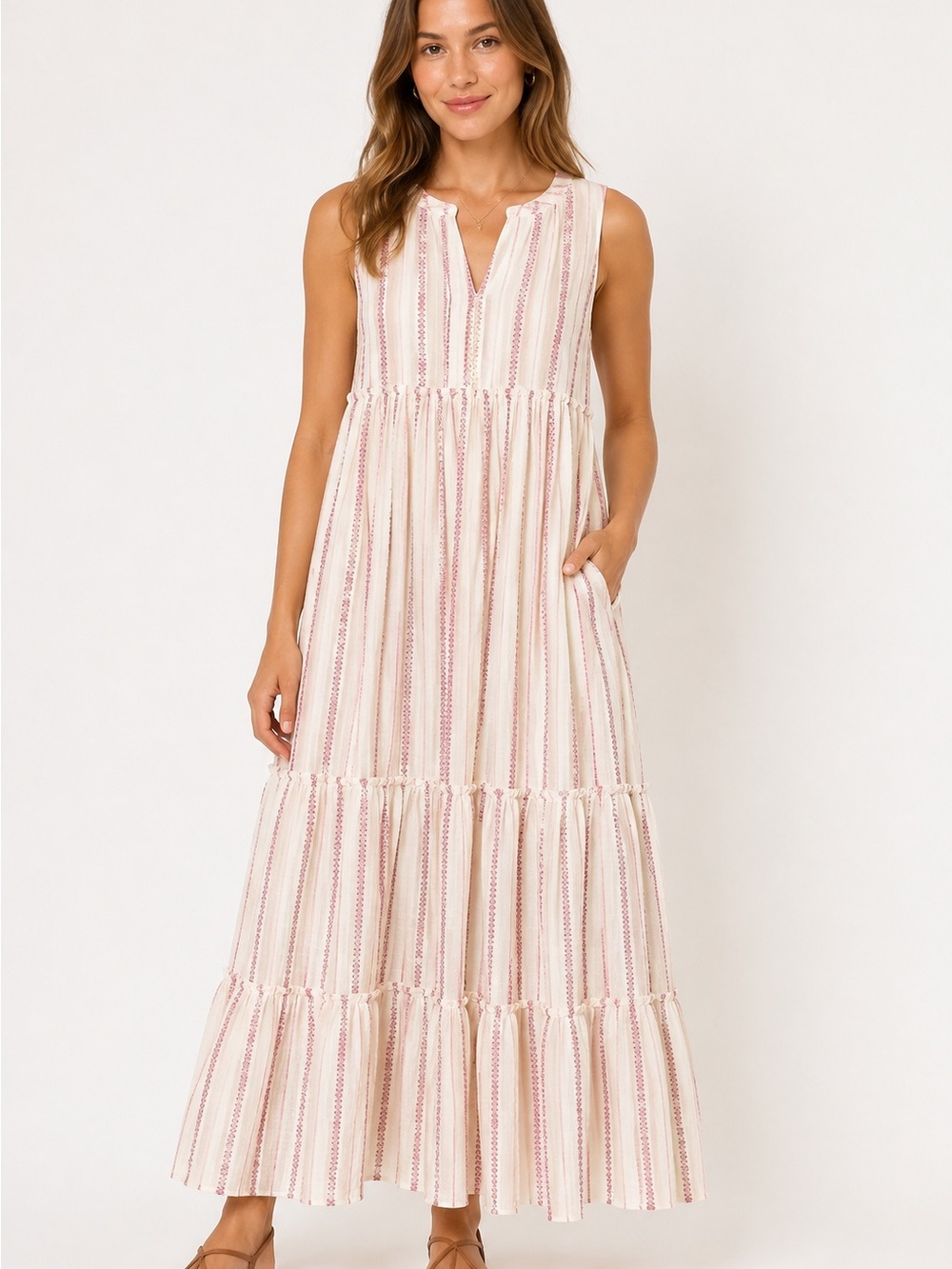 Never A wallflower Cream & Pink Striped Maxi Dress